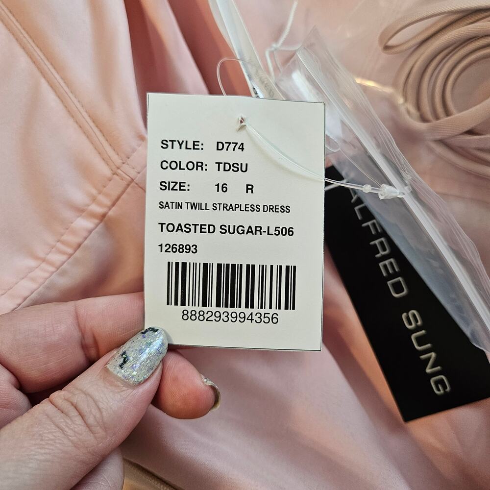 Alfred Sung Satin Twill Strapless‎ Notch Dress Pockets in Toasted Sugar Size 16 - Picture 8 of 10